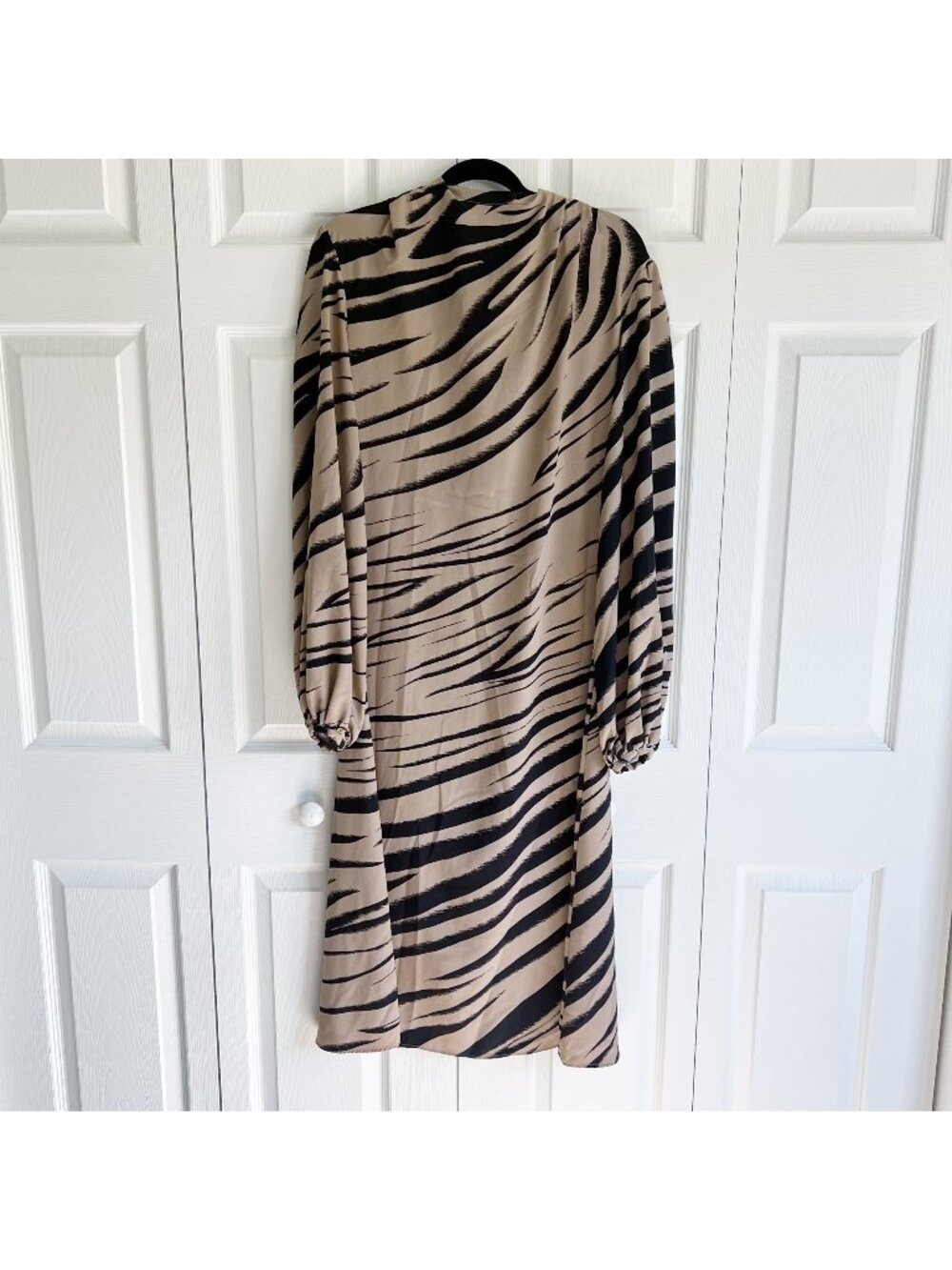 Beaufille Tan Black Tiger Striped Crepe Print Fluid Bardot Dress Women's Size 4